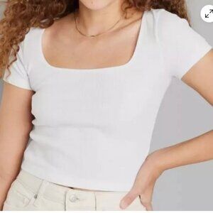 NWT Wild Fable Women's Short Sleeve Rib Fitted Square Neck Baby T-Shirt White